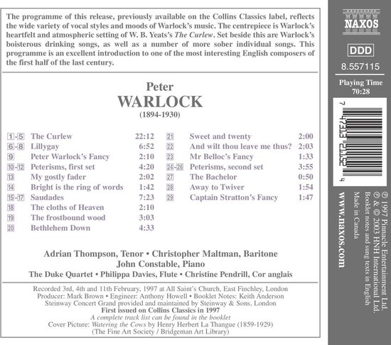 De achterkant van een cd-hoes met een tracklist en informatie over Peter Warlock.