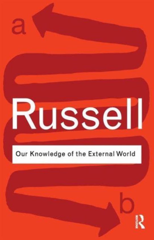Couverture de livre rouge avec le titre 'Russell' en blanc, suivi de 'Our Knowledge of the External World'. Une flèche sinueuse, de 'a' à 'b', serpente sur la couverture.