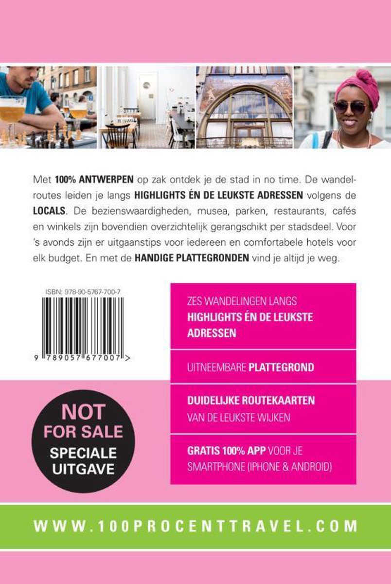 Achterkant van een reisgids voor Antwerpen met afbeeldingen van de stad, een schaakspel en een vrouw met zonnebril en hoofddoek.
