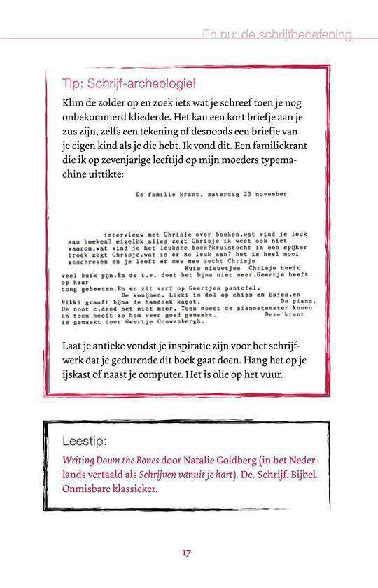 Pagina met tips over schrijven, een familiekrans en een boekrecensie van "Writing Down the Bones".