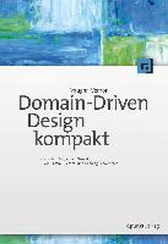 Boek "Domain-Driven Design kompakt" met abstracte blauw-groene aquarel achtergrond.