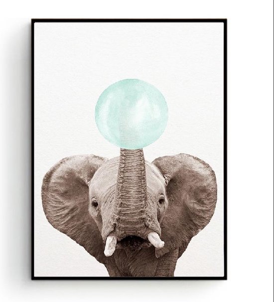 Postercity - Design Canvas Poster Olifant met Groene Kauwgom / Kinderkamer / Dieren Poster / Babykamer - Kinderposter / Babyshower Cadeau / Muurdecoratie / 40 x 30cm / A3