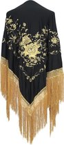 Spaanse manton - omslagdoek - zwart goud Large - met gouden franjes bij flamenco jurk