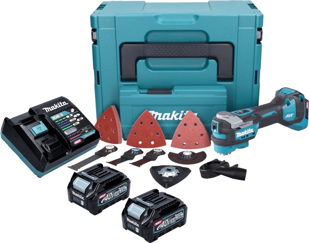 Makita TM 001 GD203 accu multifunctioneel gereedschap 40 V max. Starlock Max Brushless + 2x accu 2,5 Ah + 37-delige accessoire set + oplader + Makpac
