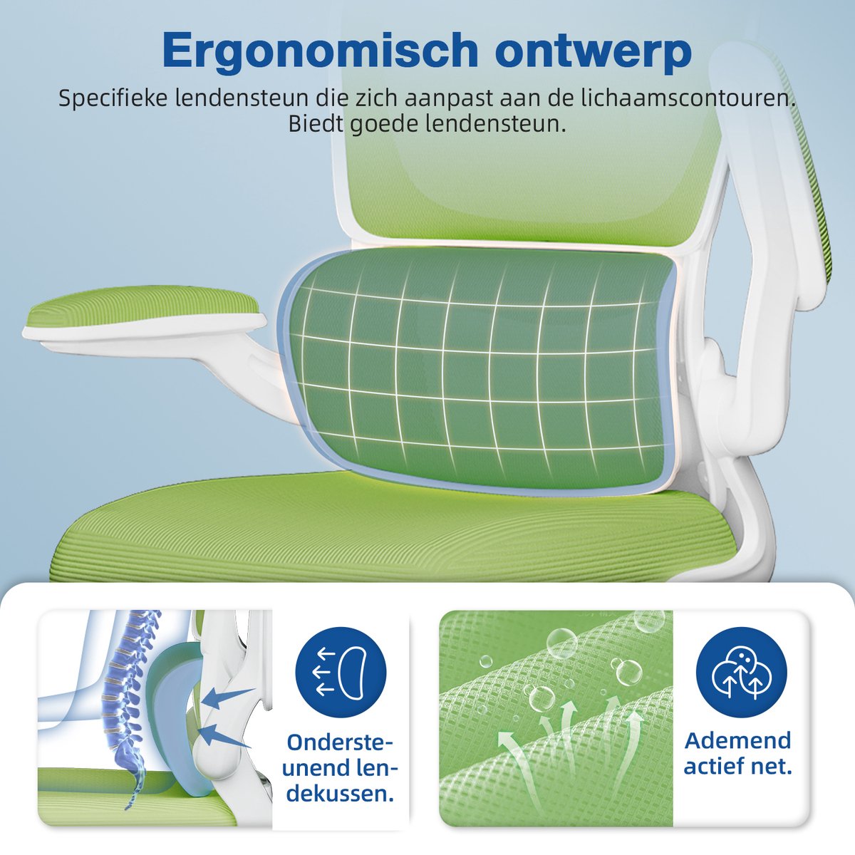 Elekiatech Ergonomische Bureaustoel - Bureaustoel met Opklapbare Armleuningen - Bureaustoelen voor Volwassenen - 150 Kg - Groen-wit thumbnail 2