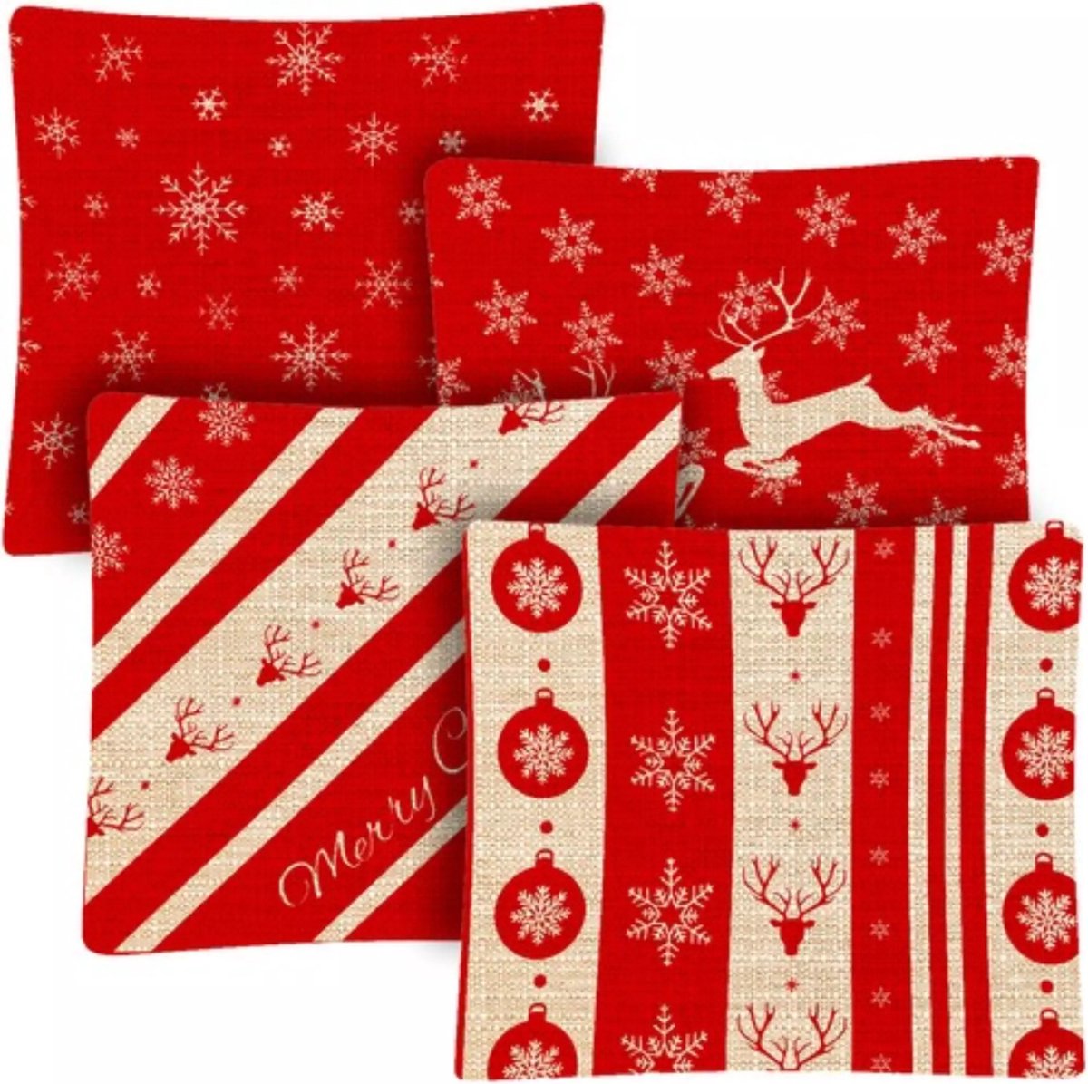 Ruhhy Kussenhoezen Set - Decoratief Kerstthema - 4 Stuks - Rood Linnen