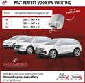 Drie witte auto's met zilverkleurige hoezen, inclusief een maattabel en opbergtas.