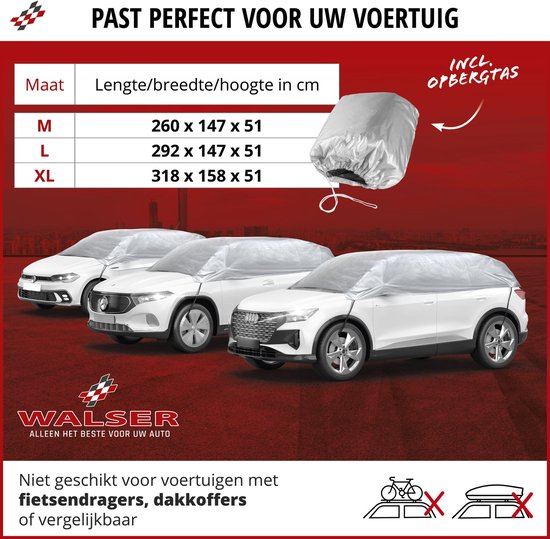 Drie witte auto's met zilverkleurige hoezen, inclusief een maattabel en opbergtas.