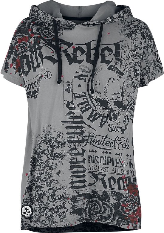 Grijs kort T-shirt met capuchon, bedrukt met "Rebel", doodshoofden, rozen en rode spetters.