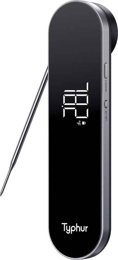 Zwarte digitale thermometer met zilverkleurige probe en een display waarop 18.8°C staat.