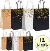 12x Papieren Uitdeeltasjes Gold Print Mix - 15x8x21cm - Stevig Papier - Traktatie Zakjes - Papieren Tasjes - Cadeau Zakjes - Uitdeelzakjes - Goud Print Mix - Kraftpapier - 12 Stuks