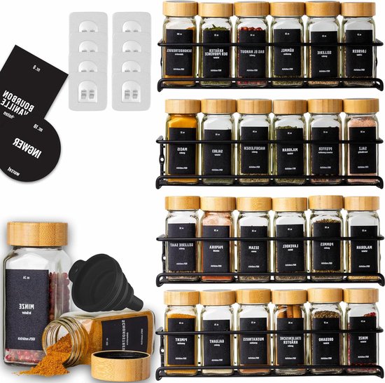 Kruidenrek voor aan de Wand - 24 Kruidenpotjes - Zwart - 4-Delig