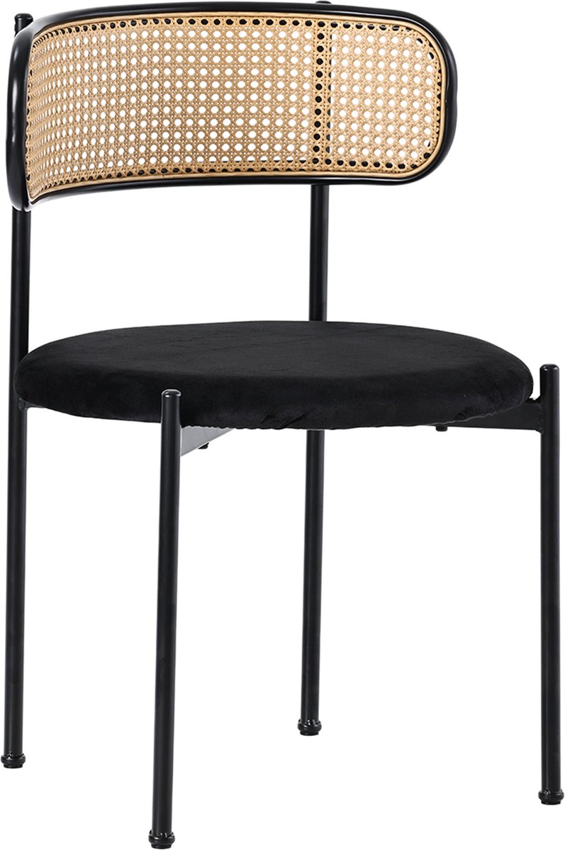 Merax 6-delige Set Fluwelen Eetkamerstoelen met Rattan Rugleuning - Moderne Metalen Poten - Zwart