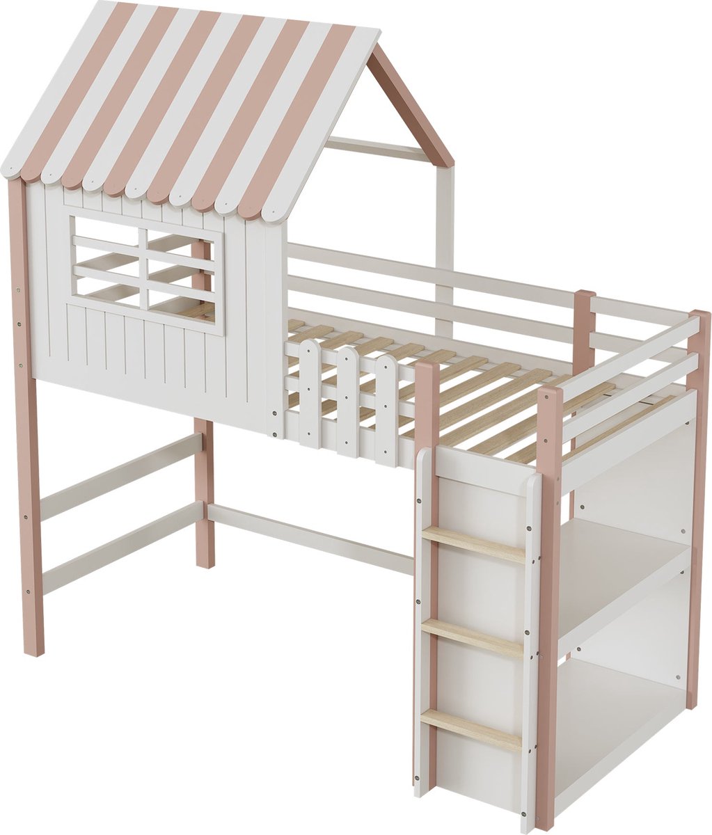 Merax Kinderbed 90 x 200 cm Hoog- en Laagbed voor Jongens en Meisjes - Bed in Huisvorm met Veiligheidsladder en Opbergvak - Multifunctioneel Massiefhouten Bed met Lattenbodem - Roze