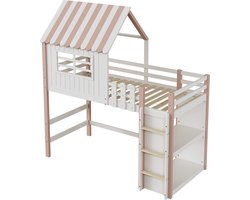 Merax Kinderbed 90 x 200 cm Hoog- en Laagbed voor Jongens en Meisjes - Bed in Huisvorm met Veiligheidsladder en Opbergvak - Multifunctioneel Massiefhouten Bed met Lattenbodem - Roze
