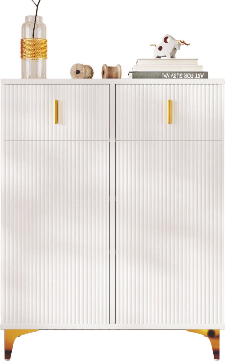 Merax Dressoir met 2 Deuren en 2 Lades – Wit met Goud – 83x35x101 cm – Kast met Verstelbare Planken – Modern Design met Structuurpanelen