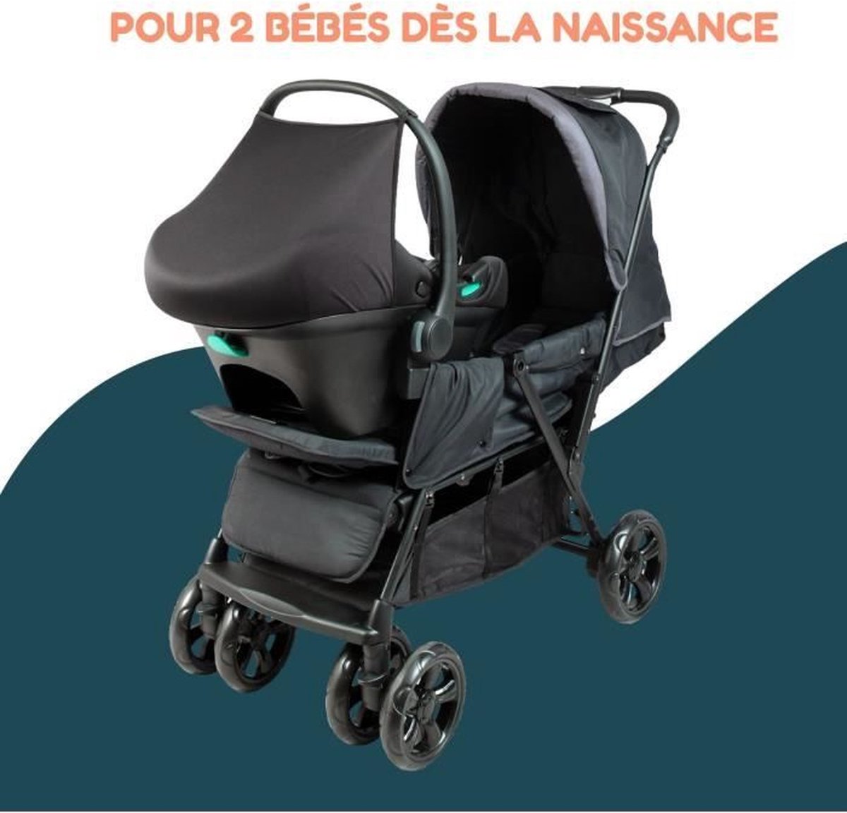 BAMBISOL Dubbele Kinderwagen met I-Size Autostoeltje - Zwart - afbeelding 3