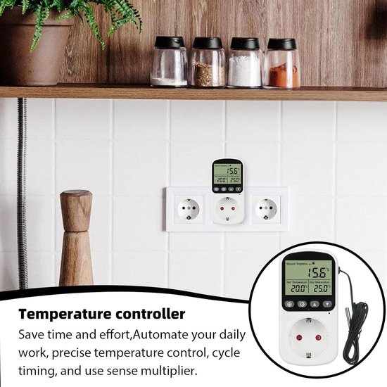 Digitale thermostaat, stopcontact, scherm, temperatuurschakelaar: Nizirioo 230 V, digitale thermostaat, stopcontact met sensor, LCD-scherm, timer, dag en nacht, temperatuurregelaar voor broeikas