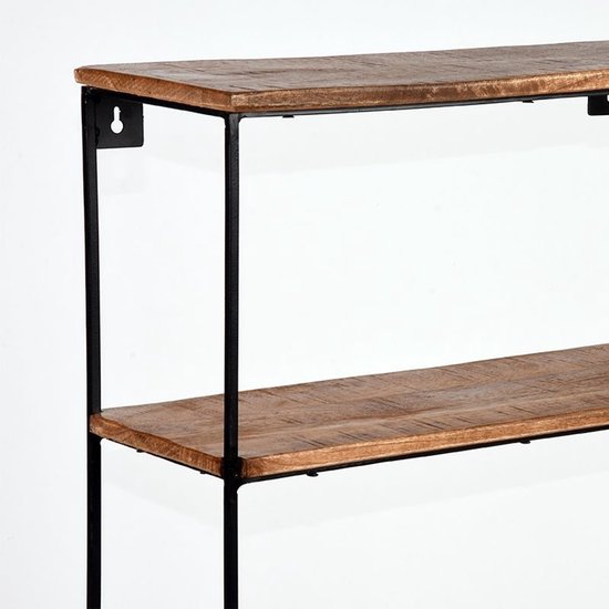 Close-up van twee mangohouten planken met een verweerd uiterlijk, bevestigd aan een zwart metalen frame.
