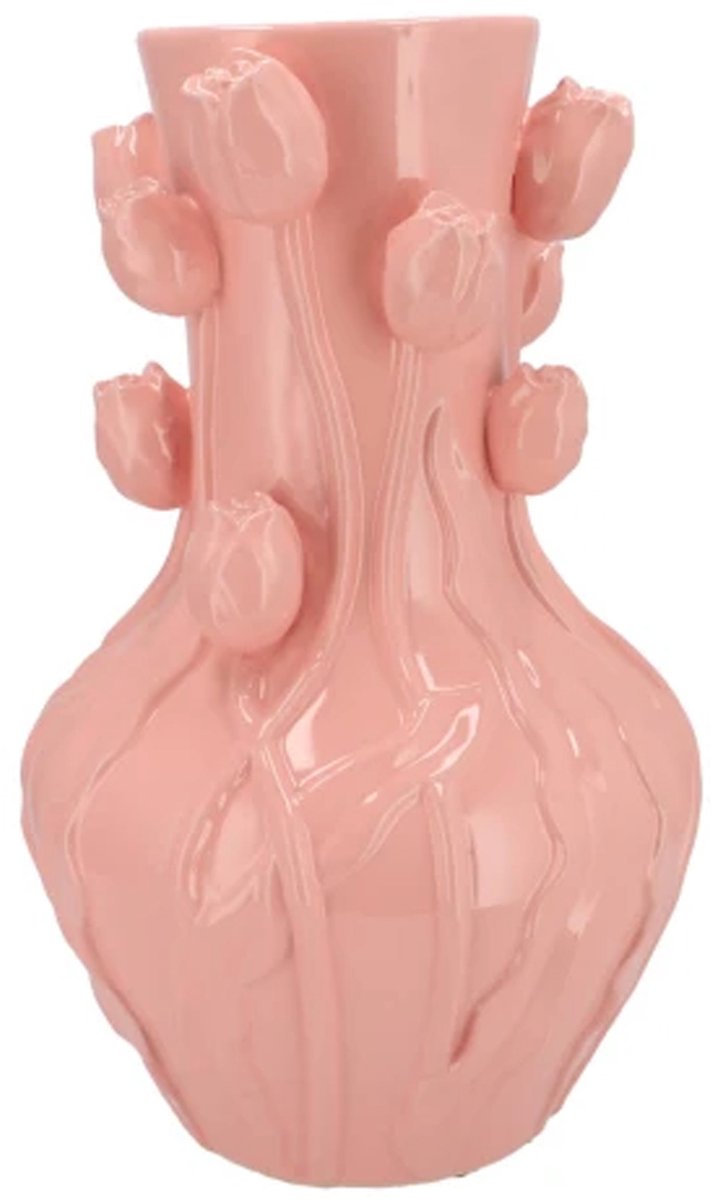 DK design Bloemenvaas Mara - roze - 28 x 28 x 45 cm - tulpvormige hals - moderne vaas