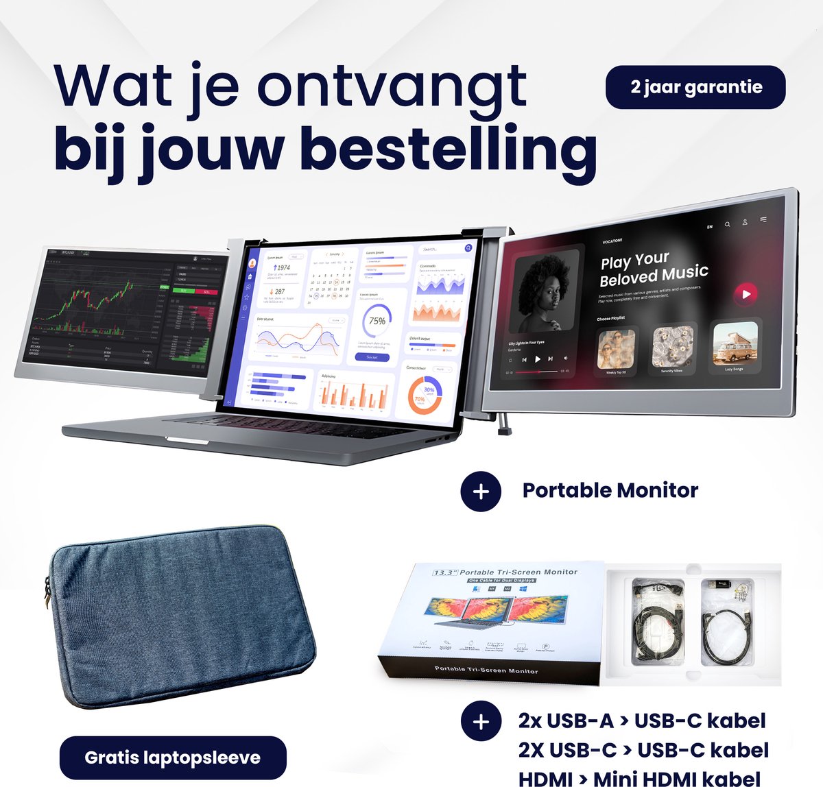 HoriVue Portable Monitor Max 15,6" Triple Screen Full HD 1920x1080 60Hz Draagbaar Extra Laptop Scherm Apple Windows - Afbeelding 4