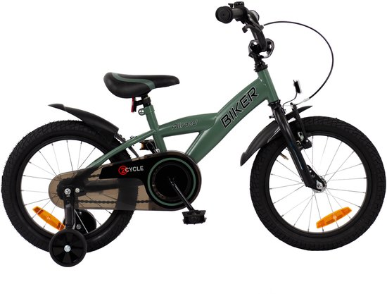 Zij-aanzicht van een groene 16-inch kinderfiets met 'BIKER' opdruk en zijwieltjes.