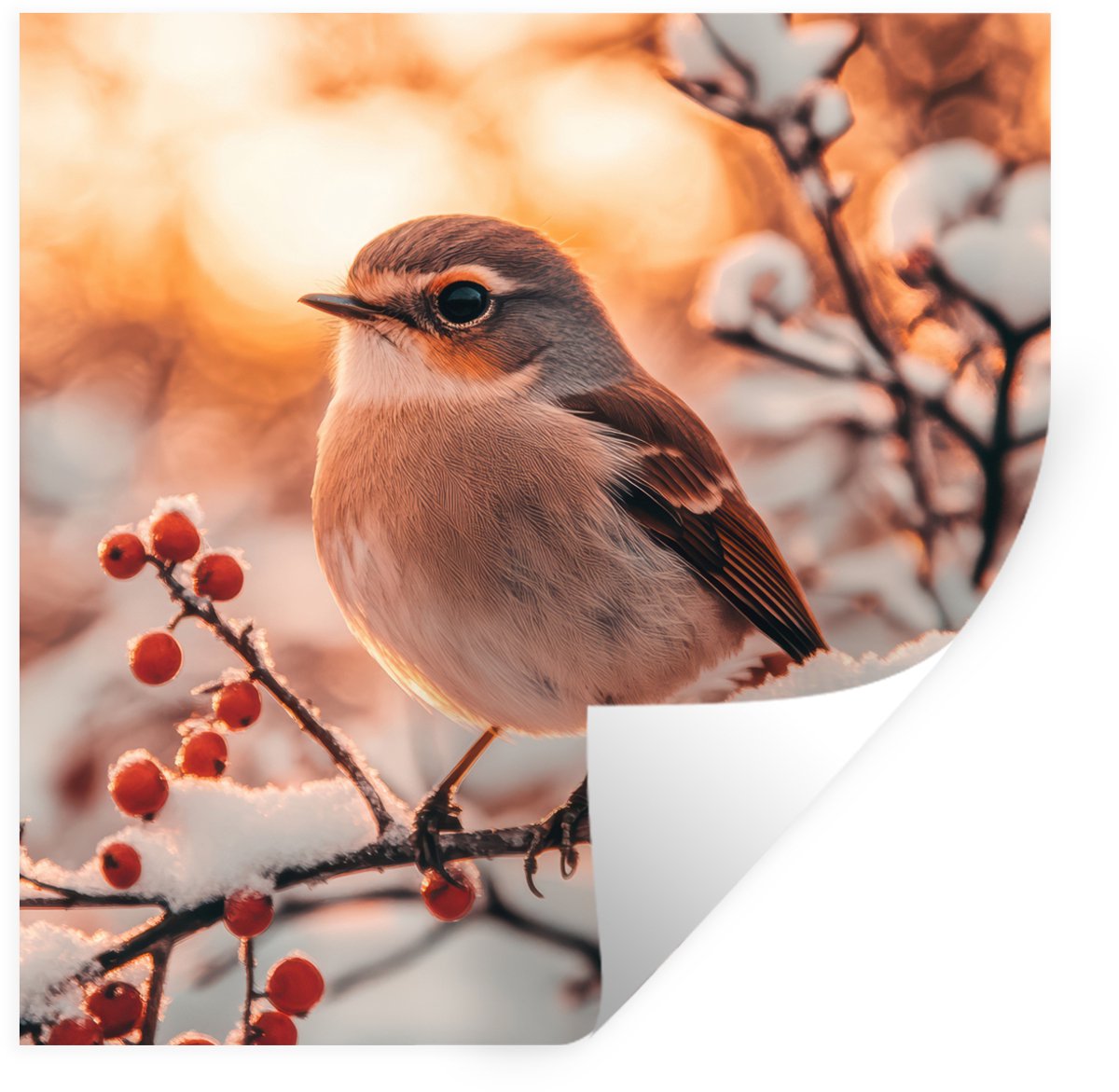 Muurstickers - Sticker Folie - Vogel - Tak - Winter - Dieren - Sneeuw - 120x120 cm - Plakf