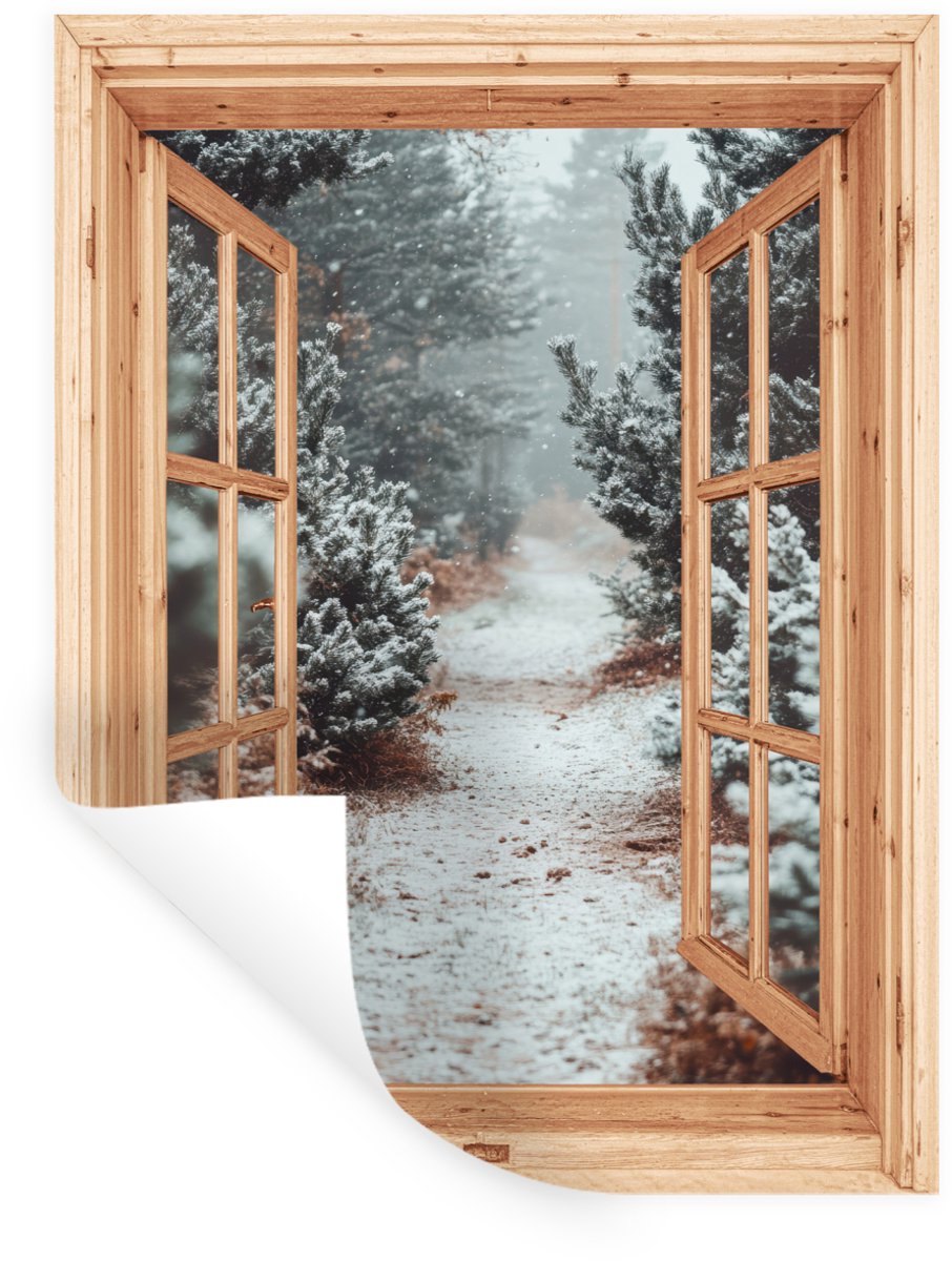 Muurstickers - Sticker Folie - Bos - Winter - Bomen - Natuur - Pad - Doorkijk - 60x80 cm -