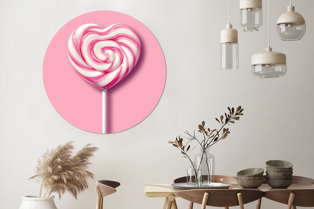 WallCircle Wandcirkel - Muurcirkel - Snoep - Lolly - Hart- Roze - Aluminium - Dibond - 140x140 cm - Binnen en Buiten