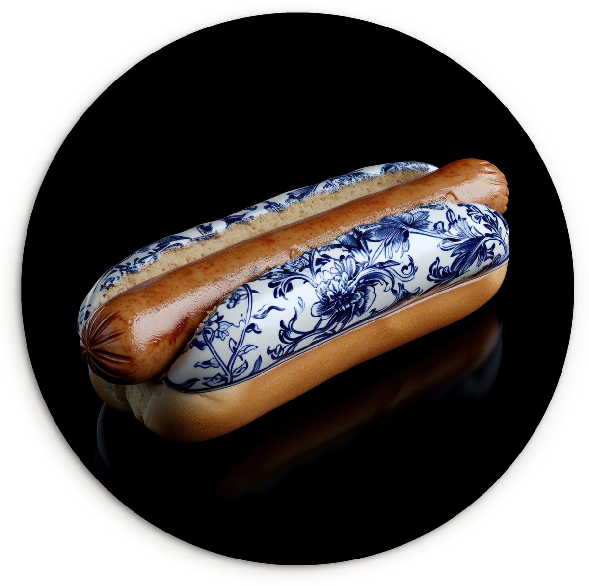 WallCircle Wandcirkel 90x90 cm - Muurcirkel Hotdog - Porselein - Delfts blauw - Eten - Muurdecoratie woonkamer - Wanddecoratie slaapkamer - Kamer decoratie accessoires - Ronde schilderijen Hotdog - Delftsblauw