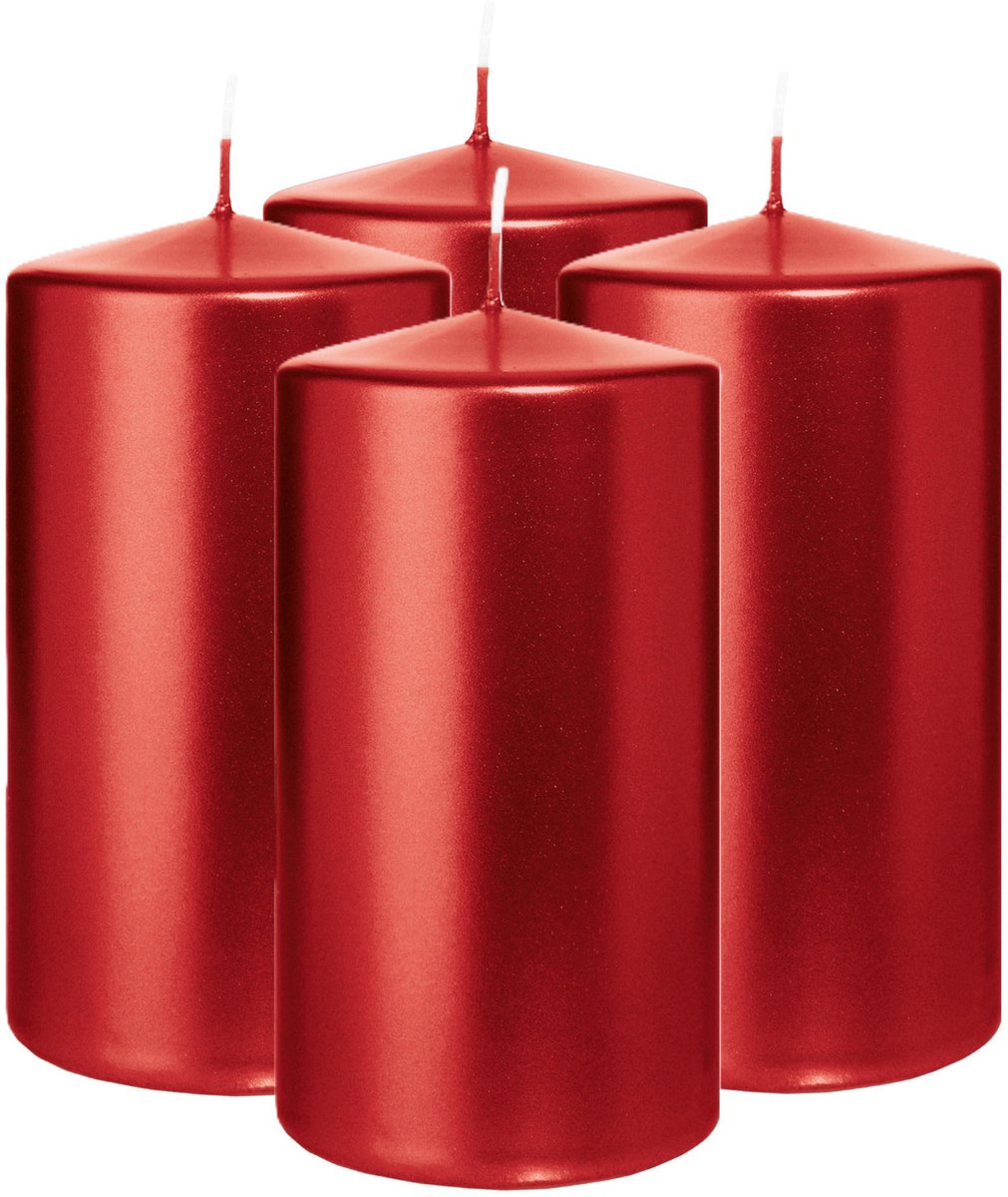 Wiedemann Cilinderkaars/stompkaars - 4x - metallic rood - 13 x 7 cm - 52 branduren - zuilkaarsen Donkerrood