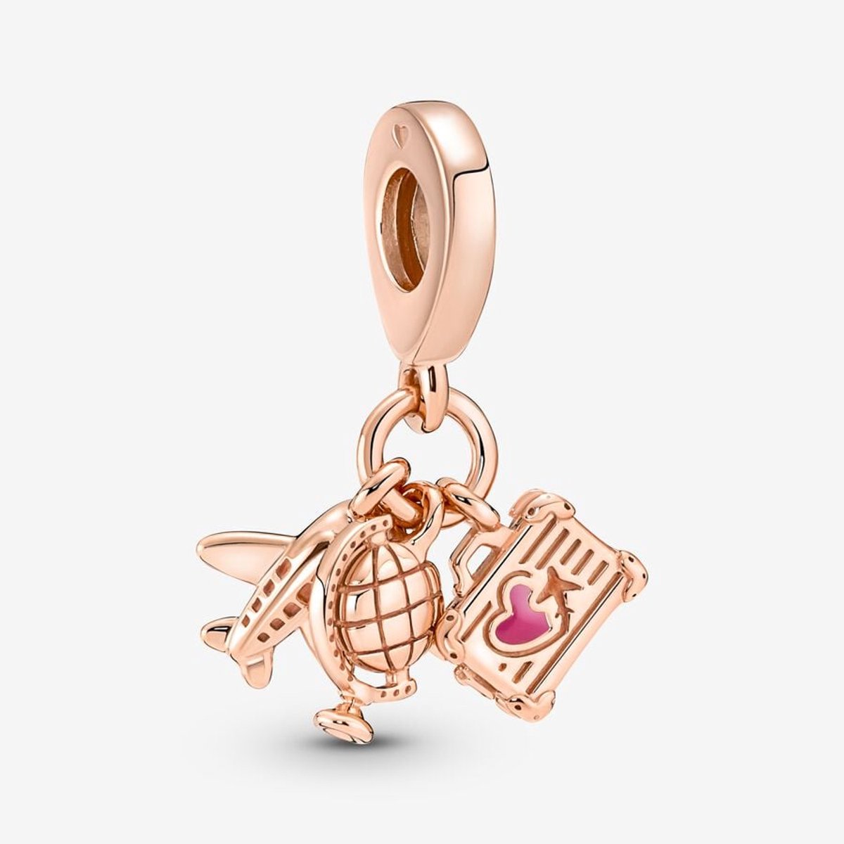 Fler® | Bedel | Past op populaire bedelarmbanden (standaard - 3mm) | Vliegtuig, wereldbol en koffer drievoudige bedel | Hangbedel Charm | 925 sterling zilver | Roze emaille | Armband Kraal | Valentijnsdag Cadeau | Sinterklaas kado | Kerstcadeau