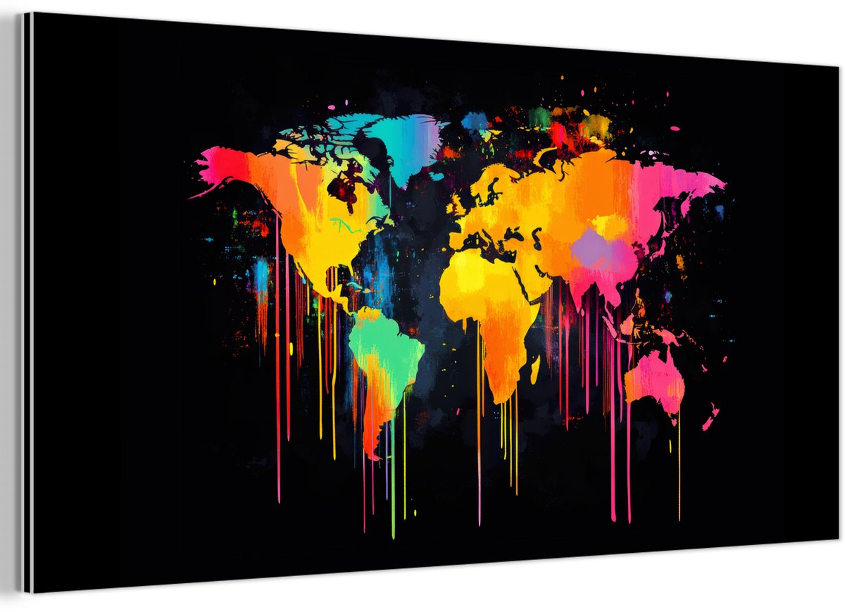 Aluminium schilderij 80x40 cm - Wanddecoratie metaal - Wereldkaart - Verf - Kleurrijk - Graffiti - Wereld - Metalen muurdecoratie woonkamer - Decoratie industrieel - Foto op dibond - Industriële accessoires slaapkamer