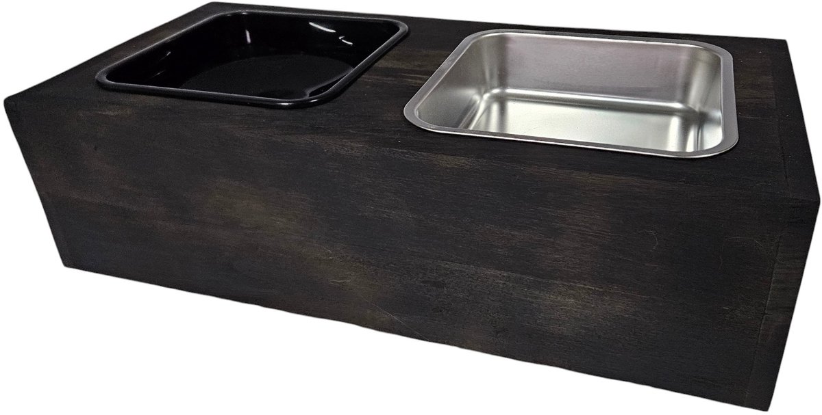 Voerbak hond - Houten voerbak - Dieren voerbak - Drinkbak - Drinkbak hond - Voer hond - Anti knoei - Gulzig - Verminderd slobberen Black wash - Maat 53-15-25 cm limited edition