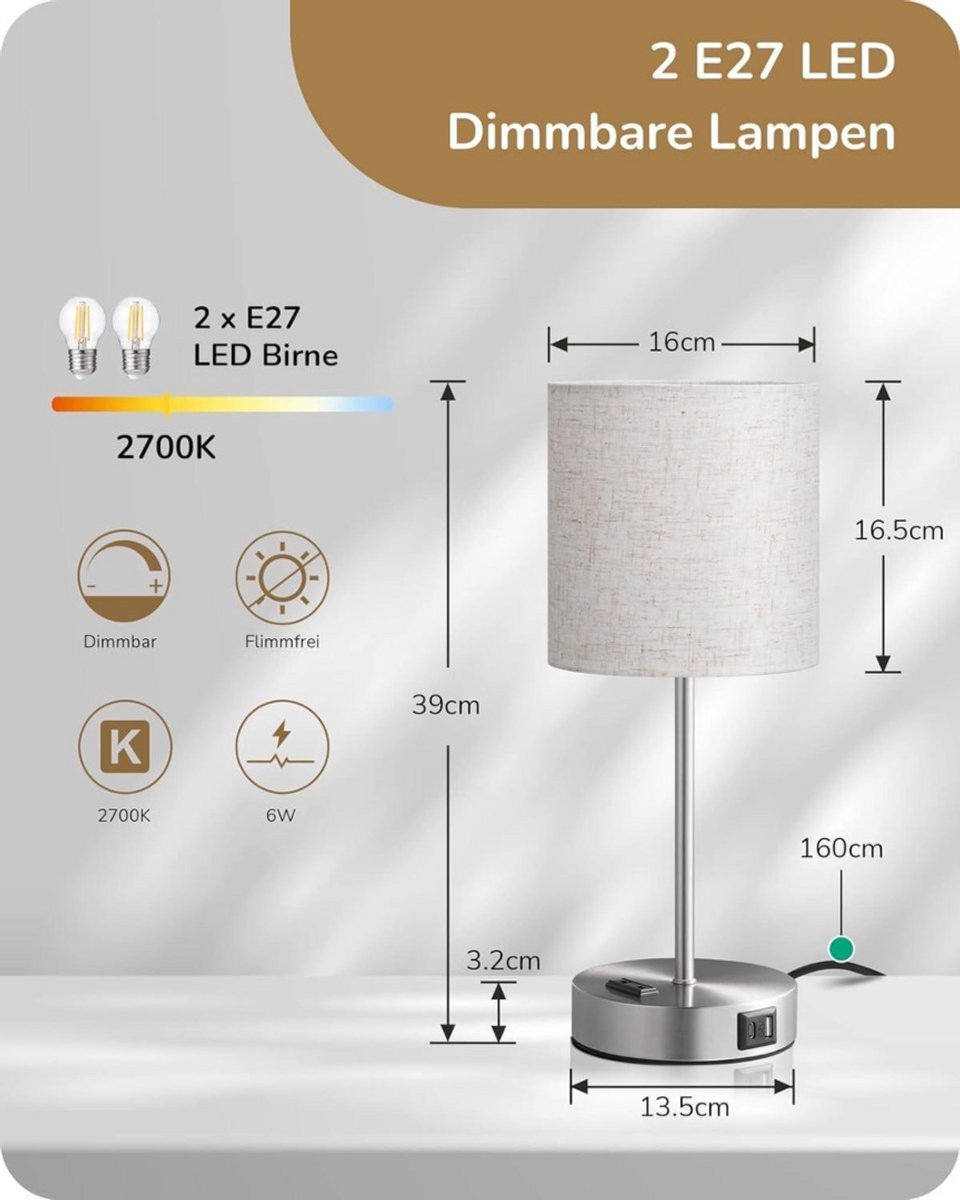 Tafellamp met draadloos opladen, 3-weg dimbare touch-bedlamp met 2 USB-poorten, LED-nachtkastjelamp voor slaapkamer woonkamer thuiskantoor GLUROO