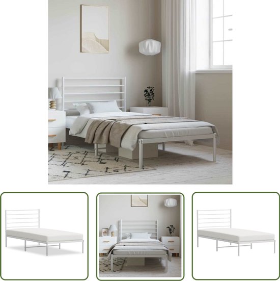 Cadre de lit avec tête de lit en métal blanc The Living Store 100x200 cm - Cadre de lit robuste - Cadre de lit en métal - Cadre de lit Wit - Lit simple - Cadre à sommier tapissier
