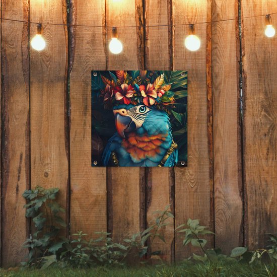 Tuinposter 50x50 cm - Tuindecoratie Papegaai - Vogel - Kleurrijk - Bloemen - Bladeren - Poster voor in de tuin - Buiten decoratie - Schutting tuinschilderij - Tuindoek muurdecoratie - Wanddecoratie balkondoek