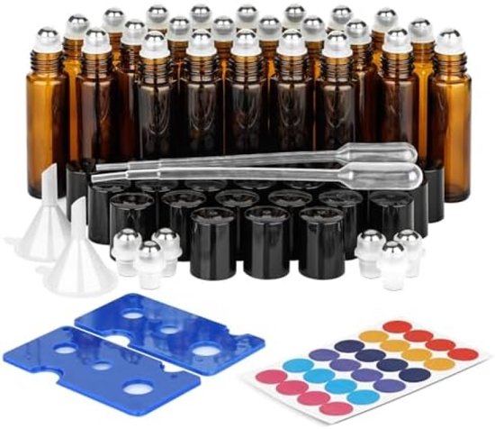 Comsaf 10ml etherische oliën roller glazen flessen, set van 24 anti-uv kleine hervulbare containers met roestvrijstalen rollerbal, trechters, openers