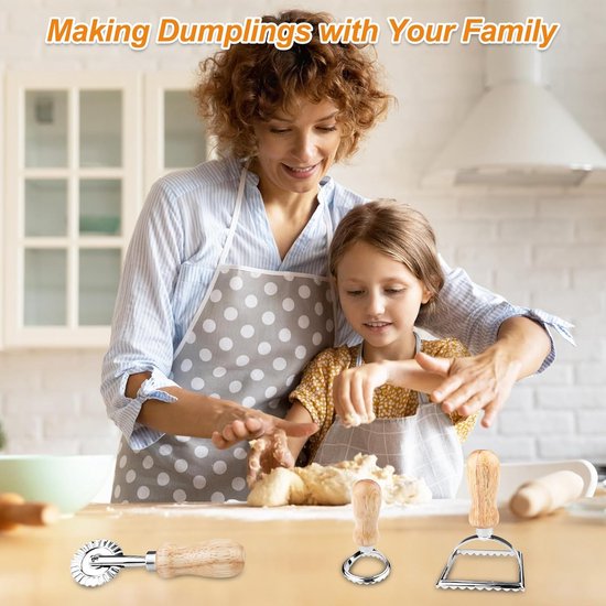 Ravioli, set van 4 stuks, ravioli uitsteekvormpjes, deegzakvorm, deegroller gegolfd, ravioli roller met houten handvat, ravioli-stempel met geribbelde rand, multifunctionele pastasnijder van Gwhole — afbeelding 3