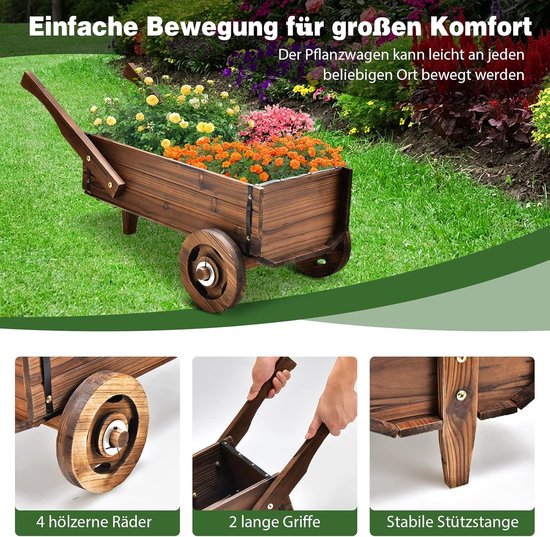 COSTWAY Plantenwagen van hout, met wielen en handgrepen, bloemwagen met afvoergat, plantenpot, bolderkar, kruiwagen, tuindecoratie, rustieke plantenwagen voor tuin terras, bruin van Costway — afbeelding 4