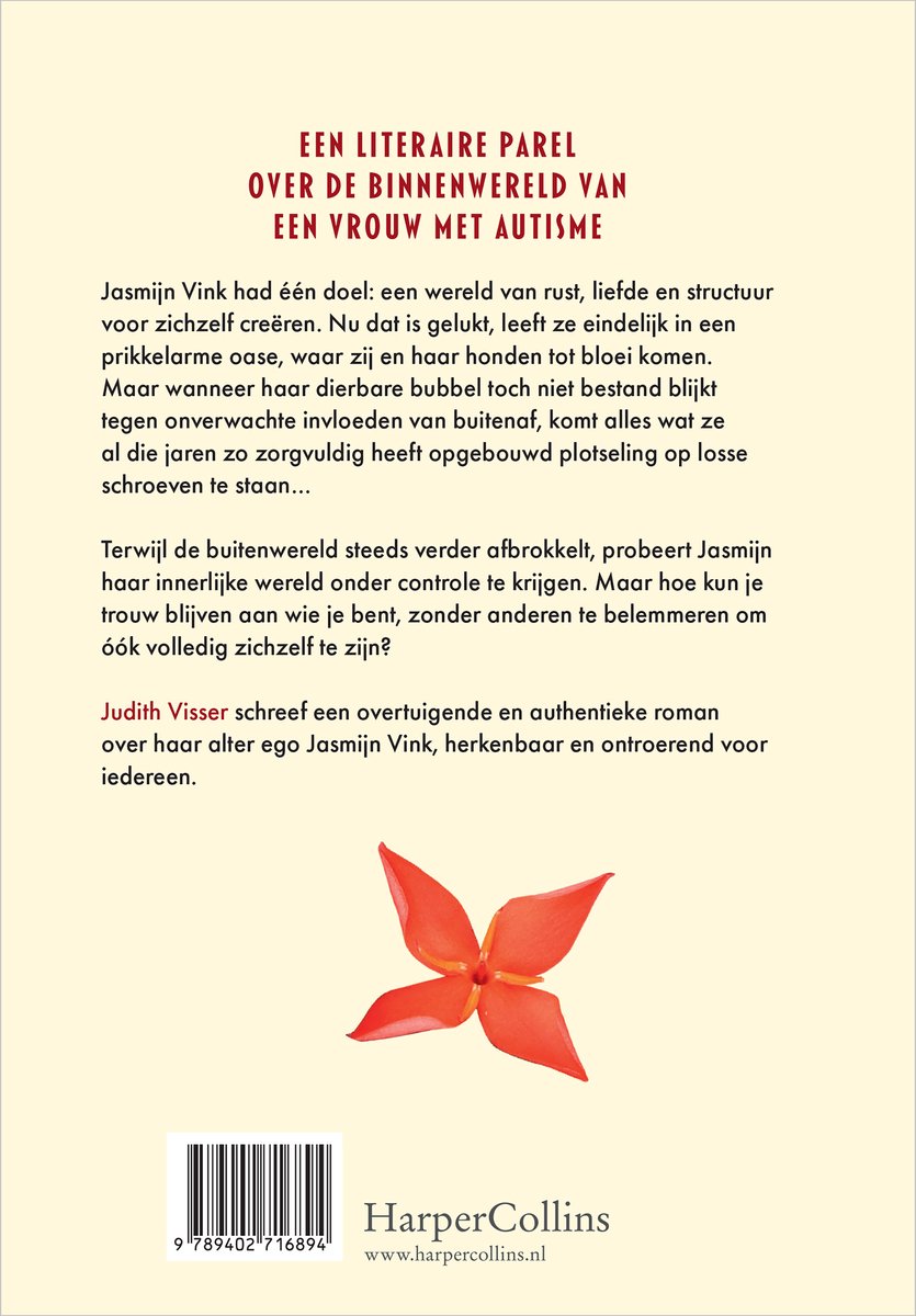 Achterkant boek 'Zondagskracht' met beschrijving, HarperCollins logo en rode Ixora bloem.