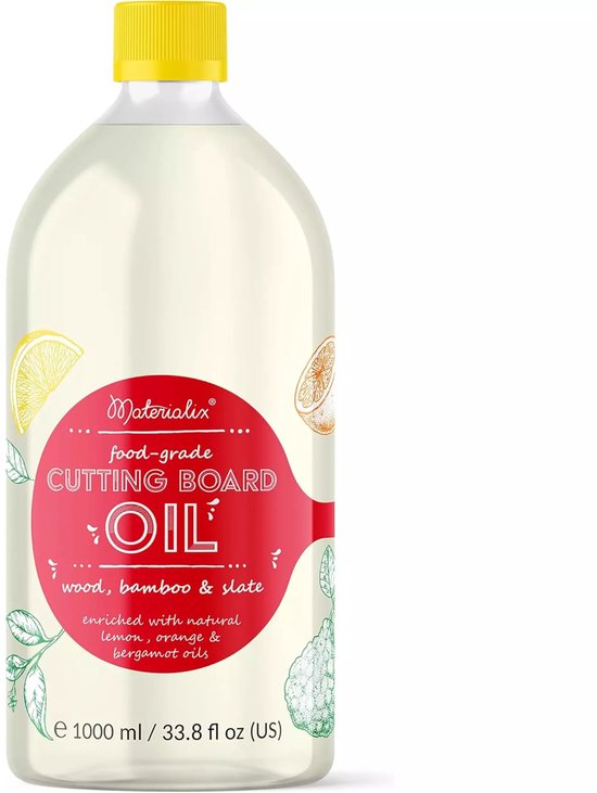 Huile antibactérienne pour planches à découper Materialix – Huile minérale alimentaire pour Planches à découper en bois et en Bamboe au parfum d'agrumes – 1 000 ml