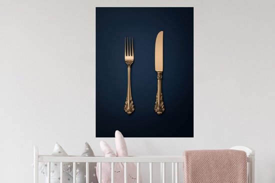 Muurstickers - Sticker Folie - Bestek - Donkerblauw - Goud - 60x80 cm - Plakfolie - Muurstickers Kinderkamer - Zelfklevend Behang - Zelfklevend behangpapier - Stickerfolie