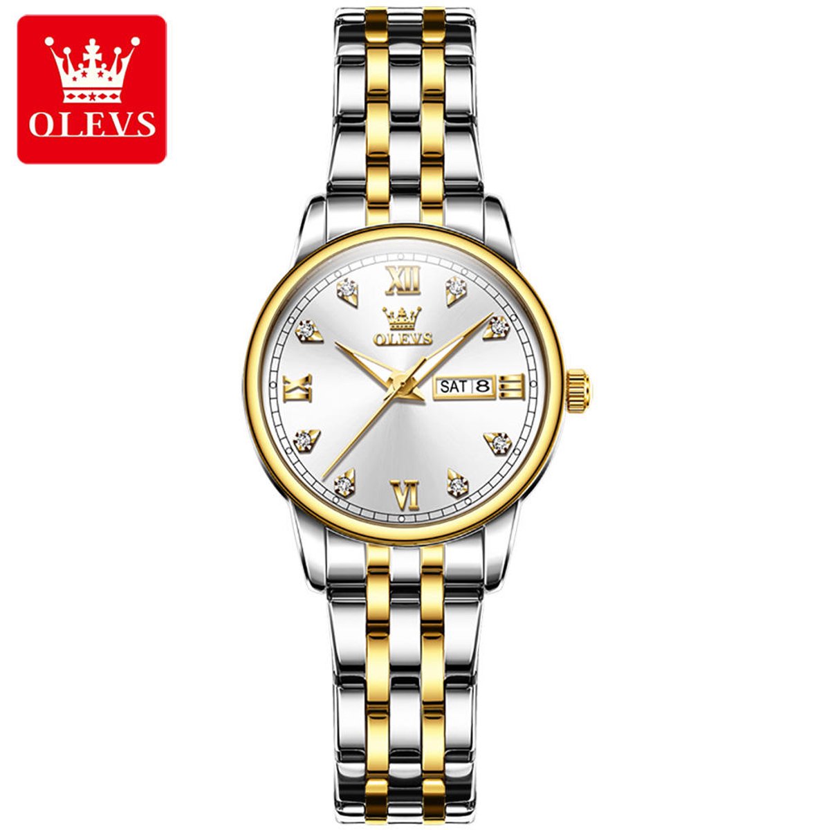 HO-5525L.gz : Olevs stijlvol goud-zilverkleurig edelstaal quartz dameshorloge, zilverwitte wijzerplaat, weekdag datum