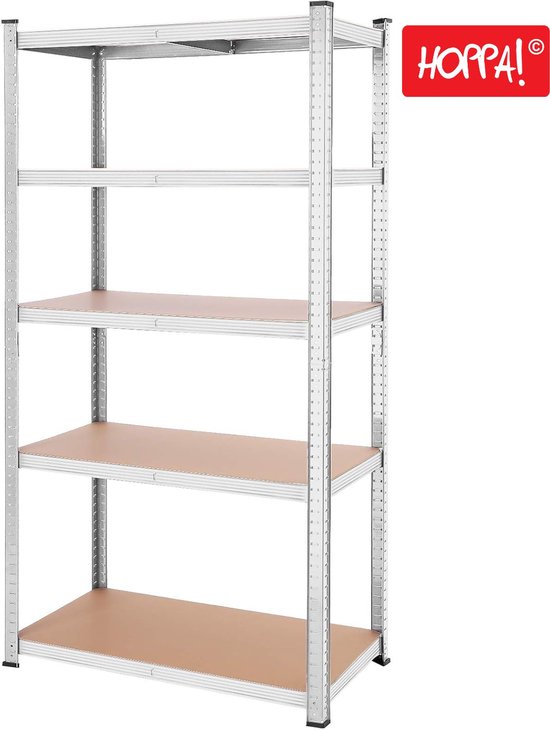 Hoppa!  Étagère, étagère lourde, étagère de cave, 200 x 100 x 50 cm, chargeable jusqu'à 875 kg, 5 étagères réglables, étagère en métal, étagère sans boulons, étagère de plan de travail, argent