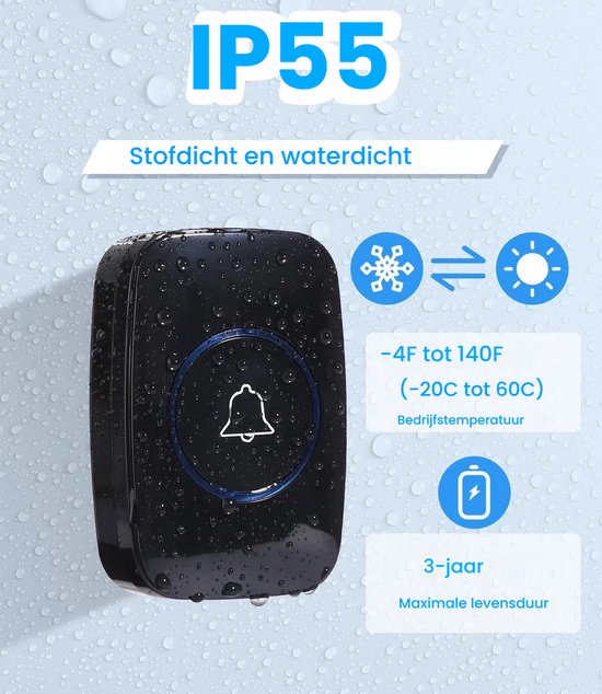 Waterdichte draadloze deurbelset, 300 m draadloos bereik voordeurbel met 60 melodieën, 5 volumeniveaus en LED-display, zwart — afbeelding 4