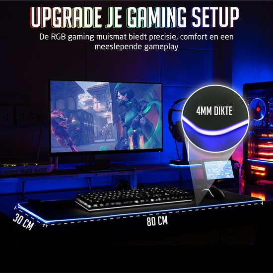 Configuration de jeu avec un tapis de souris 80x30cm avec éclairage RVB bleu, épaisseur 4mm.
