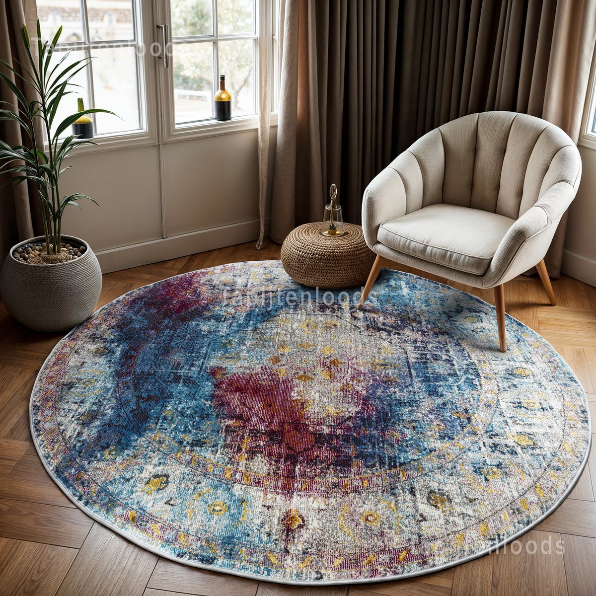 Muratap Picasso Heriz Vintage Rond Vloerkleed Multi / Blauw Laagpolig- 160 CM Ø Multikleur