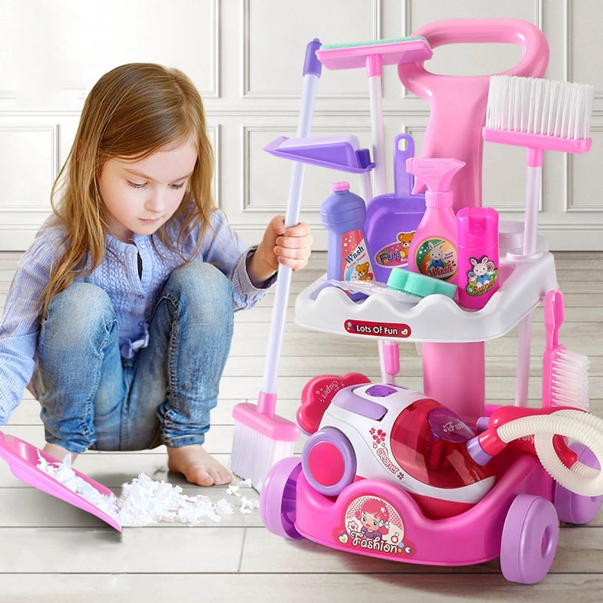 XL Schoonmaakset Kinderen - Montessori Speelgoed Stofzuiger en Schoonmaaktrolley - Schoonmaakset Speelgoed voor Kinderen - Speelgoed Stofzuiger en Accessoires - 3 tot 6 Jaar - 11 Delig — afbeelding 4