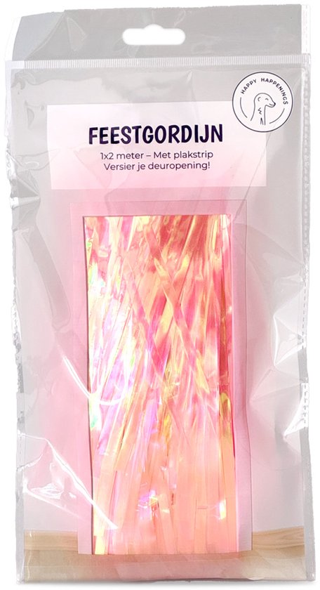 Verpakking van een roze glittergordijn van 1x2 meter met plakstrip.